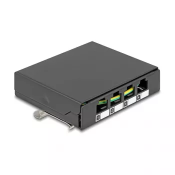 DELOCK sokkolevy 4-port Keystone-RJ-moduuleille, musta, metalli – pöytä-/seinä-/DIN-kiskokiinnitys