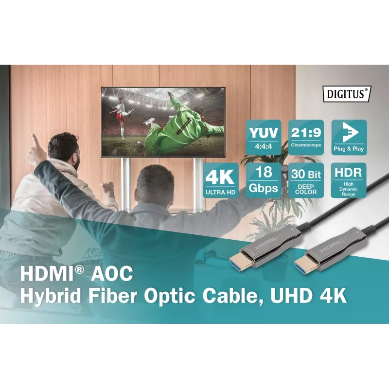 HDMI AOC hybridi-kuituoptinen kaapeli Digitus AK-330125-100-S