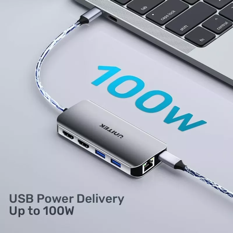 USB-C-keskitin Unitek D1122A01 2x HDMI 4K ja 100W Power Delivery