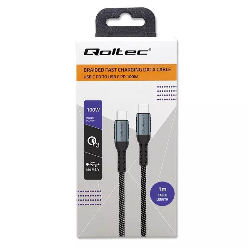 Qoltec kaapeli USB 2.0 Type-C – USB 2.0 Type-C 100W QC 3.0 PD 1 m musta