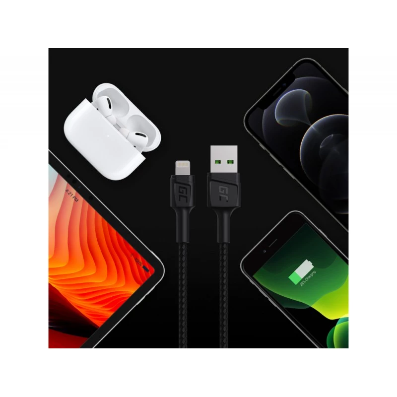 Lightning-kaapeli Green Cell KABGC18 — 2 m, Lightning–USB-A, musta