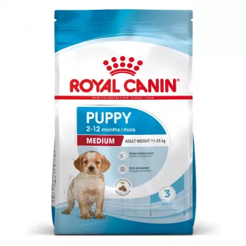 Kuivaruoka koirille Royal Canin Medium Puppy 15 kg — keskikokoisille pennuille, kananmaku, 32 % proteiinia, 20 % rasvaa
