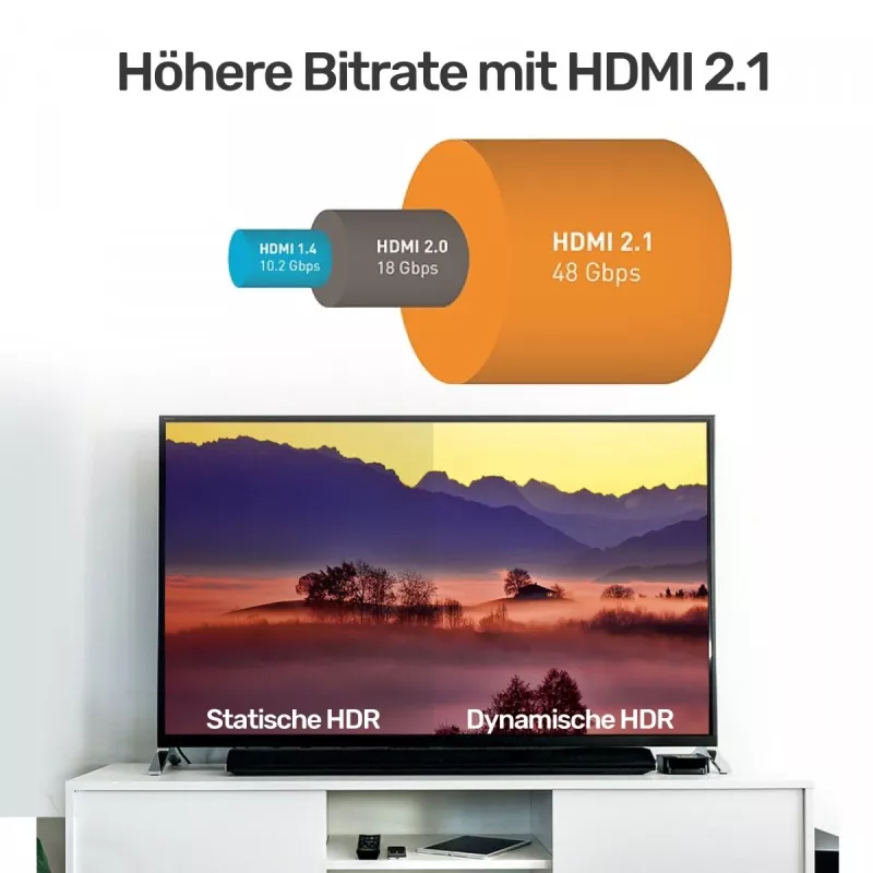 HDMI-kaapeli Unitek C138W 2 m — HDMI 2.1, 48 Gbit/s, 4K/120Hz, HDR10 & Dolby Vision, ARC, kullatut liittimet