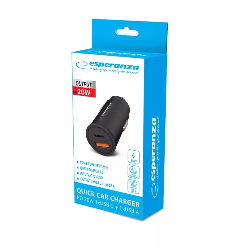 Auto-USB-laturi ESPERANZA EZC111K, 20W (USB-C PD 20W + USB-A QC3.0), 12–24V tulo, musta