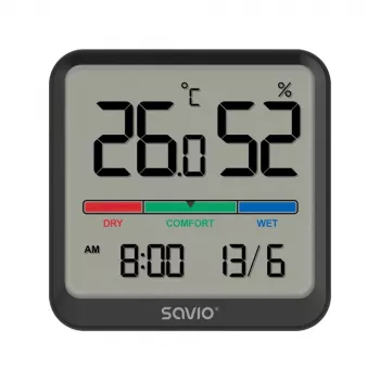 Sisätilan lämpötila- ja kosteusanturi SAVIO CT-01/B vapaasti seisova, LCD, -10–55 °C, 10–99 % RH, CR2032