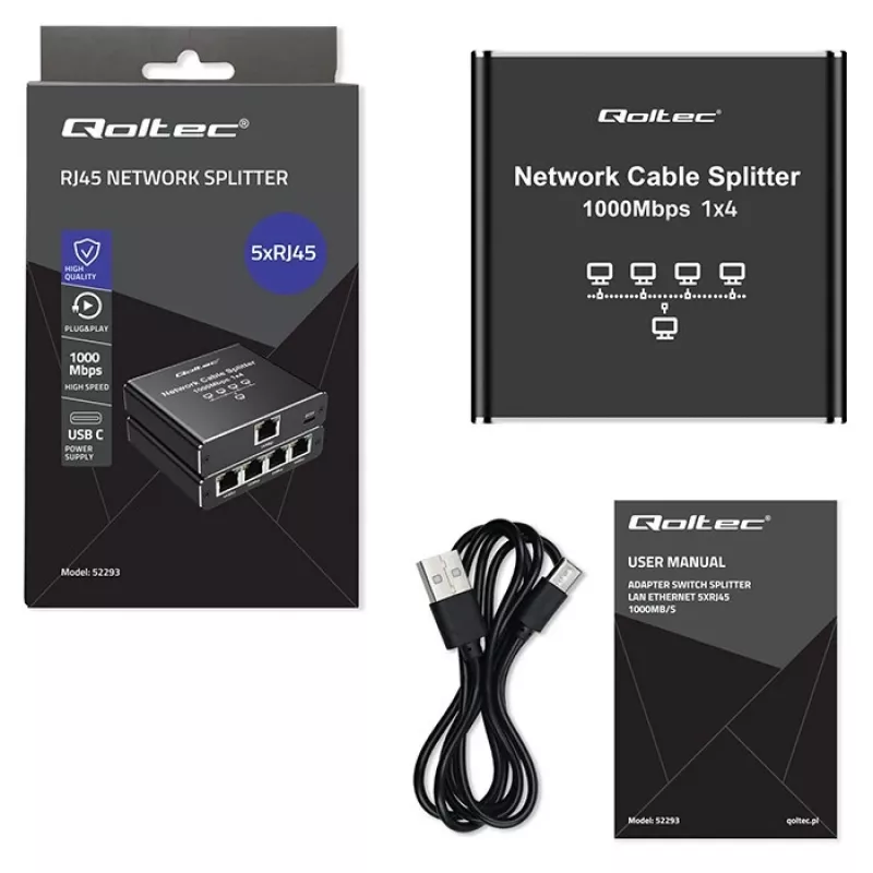 Ethernet-minikytkin QOLTEC 52293 1x4 RJ45, hallitsematon verkkohaaroitin 1-in 4-out