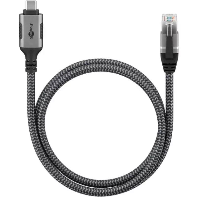 Ethernet-kaapeli USB-C 3.2 Gen2 uros > RJ-45 uros, LAN-sovitin musta/hopea, 3 metriä, punottu tekstiilivaippa