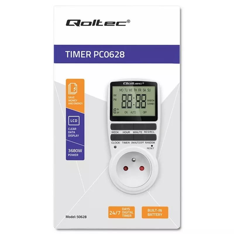 Elektroninen ajastin QOLTEC PC0628 LCD-näytöllä, 24 tunnin countdown