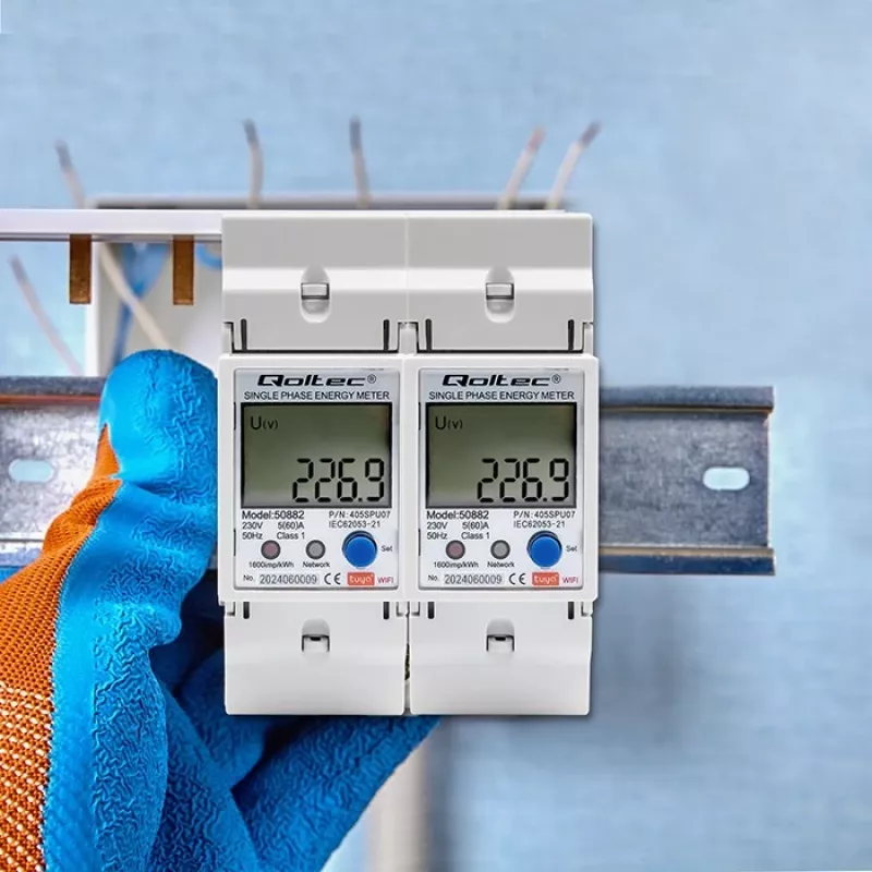Qoltec 50882 yksivaiheinen elektroninen energiankulutusmittari DIN-kiskoon | Wi-Fi | TUYA | 230V | LCD