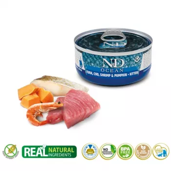 Märkäruoka kissoille Farmina N&D Ocean Kitten tonnikala, turska & katkaravut kurpitsalla 70 g tölkki