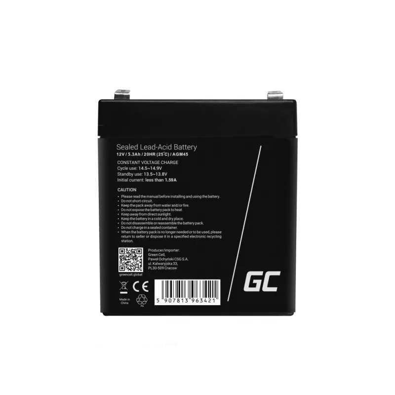 Green Cell AGM45 UPS-akku, sinetöity lyijy-happo (VRLA), 12 V, 5,3 Ah