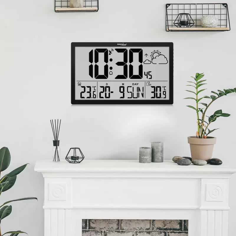 Seinänaikakello GreenBlue GB218 — erittäin suuri LCD, sääasema, sisä-/ulkölämpötilat, päivämääränäyttö