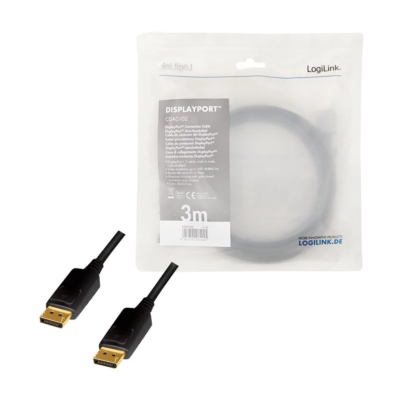DisplayPort-kaapeli LogiLink CDA0102 3 m harmaa musta
