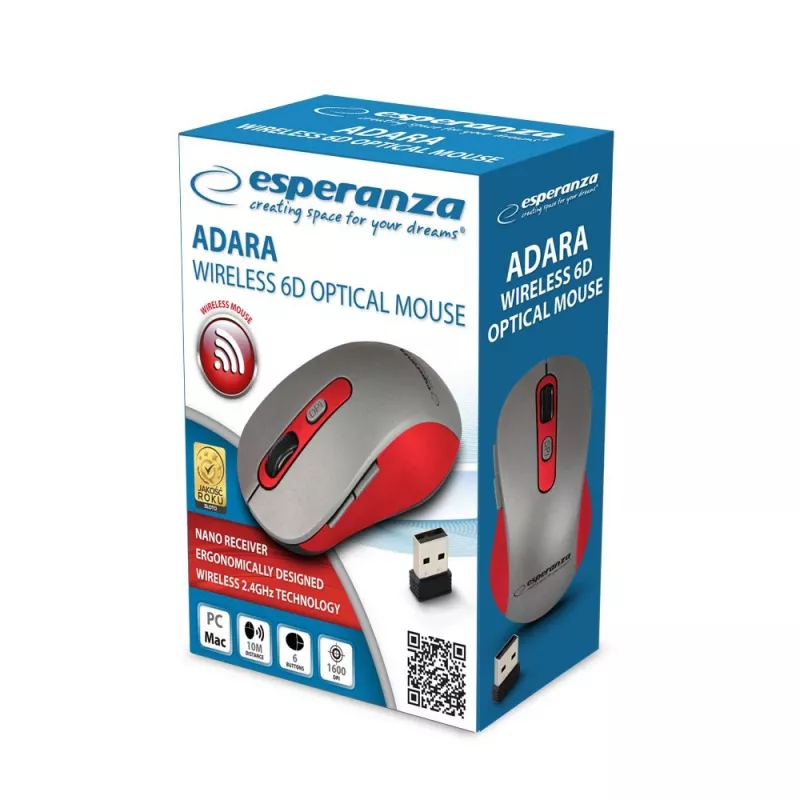 Langaton optinen hiiri ESPERANZA EM131R 2,4 GHz, 1600 DPI, molempikätinen, nano-USB-vastaanotin, 6 painiketta, harmaa