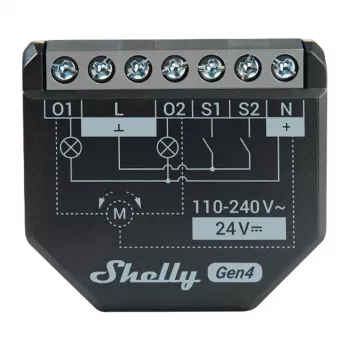 Shelly 2PM Gen4 rullaverho-/kaihdinaktori 2 kanavaa, AC 110–240V, 2,4 GHz Wi‑Fi, 1,4 W, 8000 KB flash