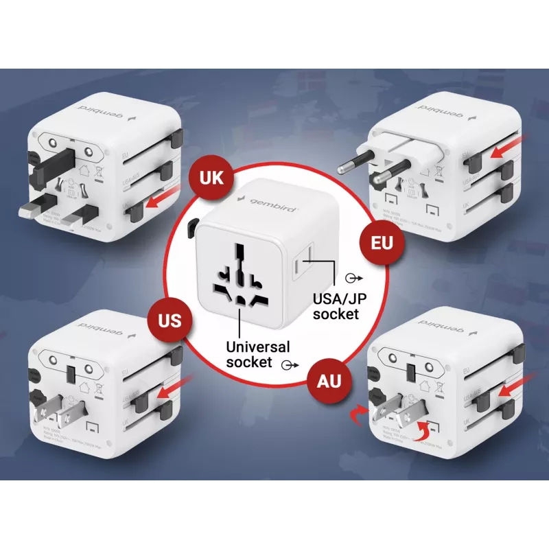 Yleismatkasovitin GEMBIRD TPA-INT-01-W — tulo 100–250 V, Type-G-pistoke, kompaktit mitat 84×56×85 mm