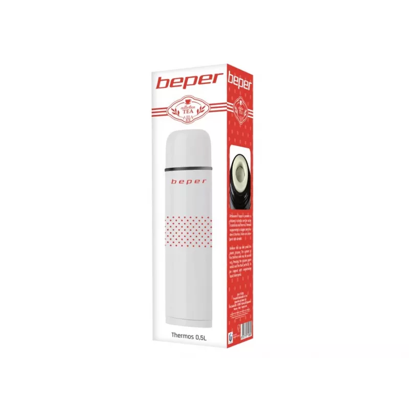 Beper BI.504 tyhjiöeristetty termospullo 500 ml, ruostumaton teräs, mukilla, punainen pilkullinen