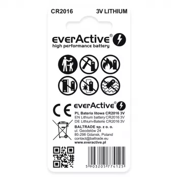 Litium-nappiparisto everActive CR2016 — 3 V, 20 mm halkaisija, 1,6 mm korkeus, 2 kpl:n pakkaus
