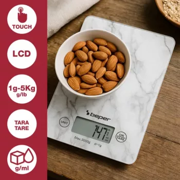 Keittiövaaka Beper P102BIL004 - digitaalinen, 5 kg, 1 g, valkoinen marmori