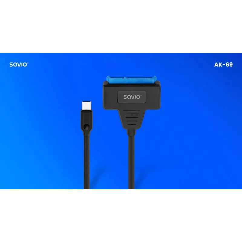 SAVIO SATA–USB-C-liitäntäkaapeli AK-69, SATA-pistorasia USB-C-pistokkeeseen, USB 3.2 Gen 1 (5 Gbit/s), 0,25 m, musta
