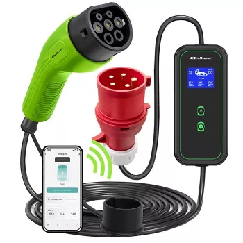 Qoltec kannettava sähköauton laturi säädettävä 2in1 Type2 | 7kW | 230V | CEE 3 PIN | Wi-Fi | LCD | kannettava | Wallbox | 5m
