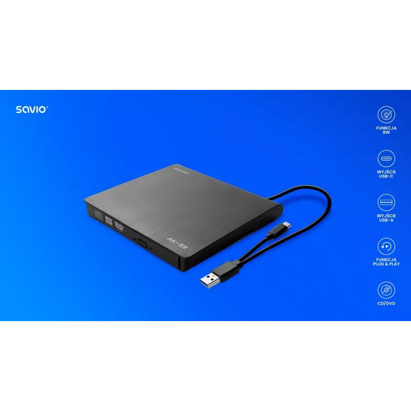 SAVIO AK-59 ulkoinen ohut CD/DVD-poltin R/RW - USB-C/USB-A, musta