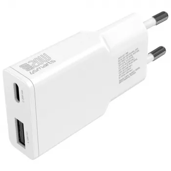 AC-sisälaturi mobiililaitteille 4smarts 541509 — 100–240V, USB-A + USB-C, 1,5 m kaapeli, pikalataus, valkoinen