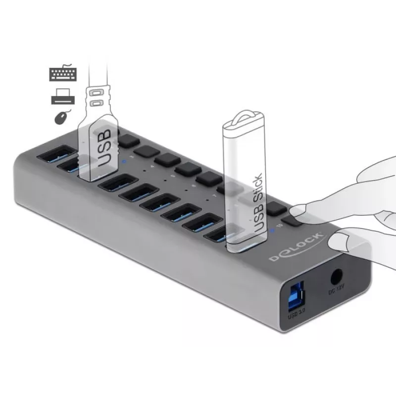 DeLOCK ulkoinen 5 Gbps USB-keskitin 10 portilla + kytkimellä