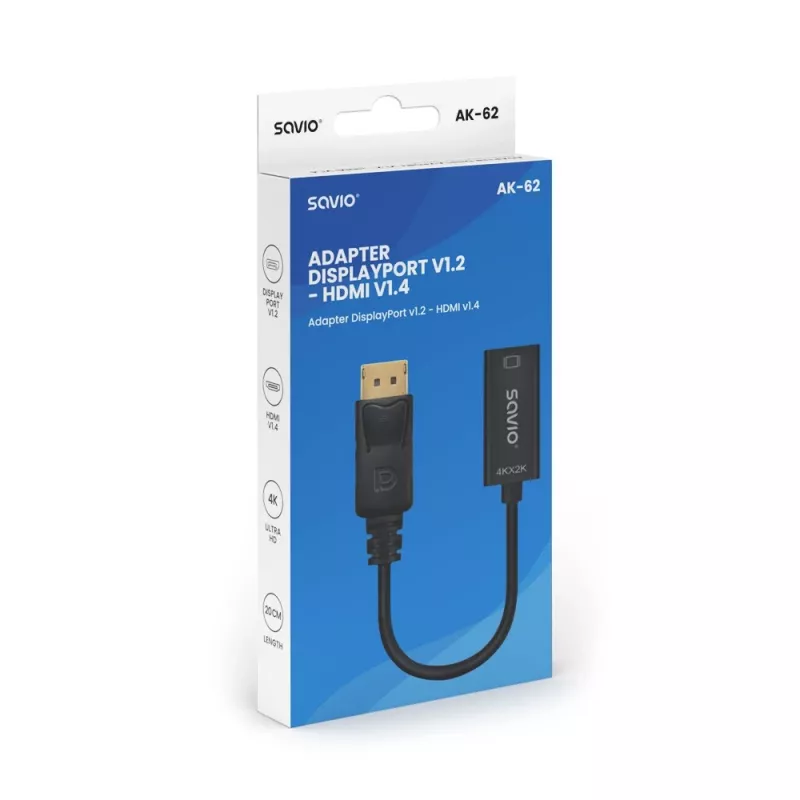 Adapteri Savio DisplayPort (M) v1.2 - HDMI A (F) v1.4, 4K, AK-62