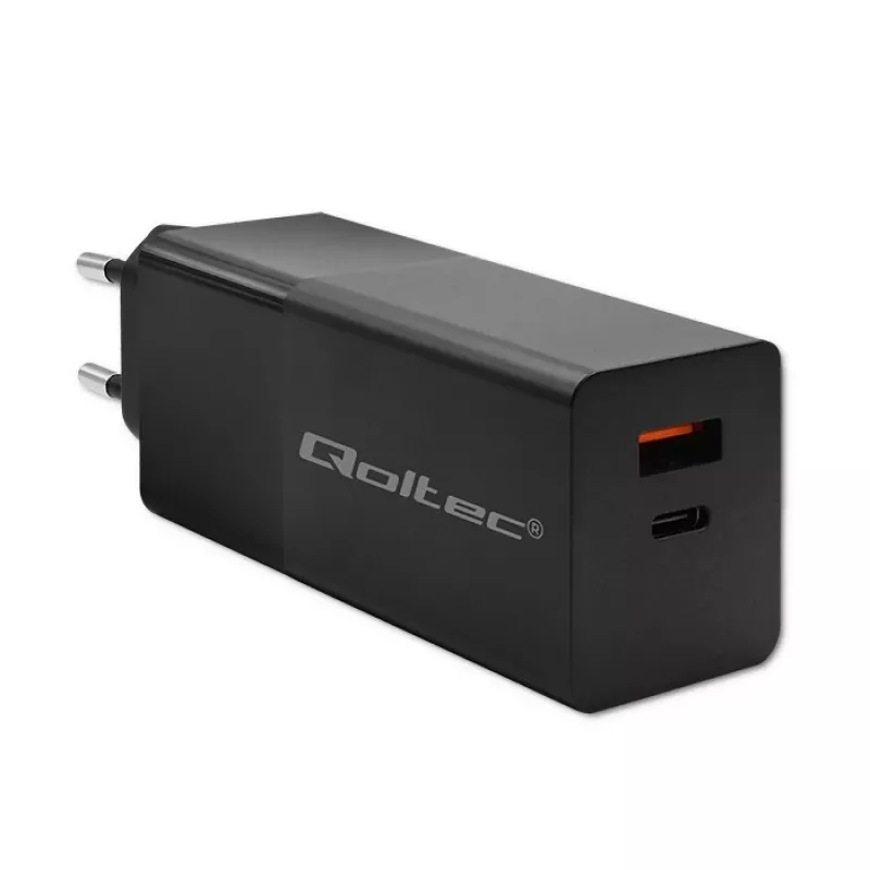 Qoltec 52382 GaN POWER PRO -laturi | 1xUSB Type-C | 1xUSB A | 100W | 5-20V | 1.5-5A | PD | musta