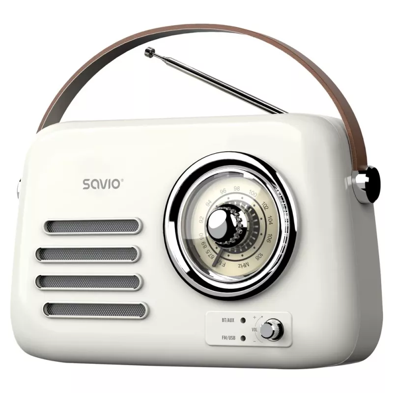 Kannettava radio SAVIO RS-02 — analoginen FM-viritin, Bluetooth 5.3, USB-virtalähde, 3 W, valkoinen