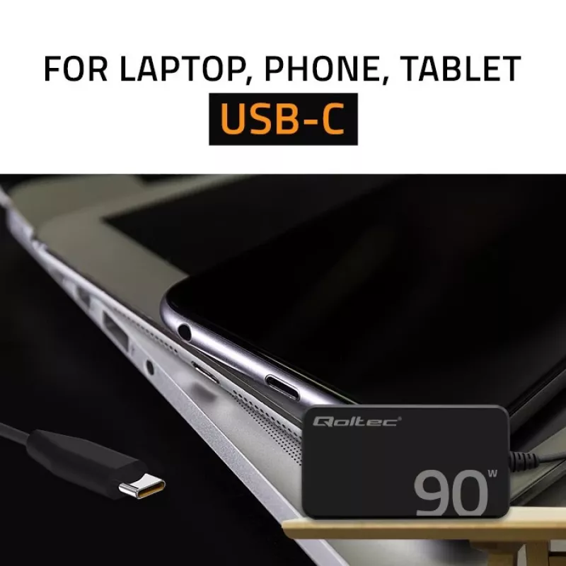 Qoltec 90W GaN Super Fast SLIM seinälaturi | XP | 5-20V | 4,5A | USB-C 3.1 | kannettava | MacBook | älypuhelin | + kaapeli