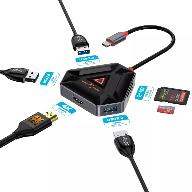 White Shark Hexagon 6-in-1 USB-C-hubi