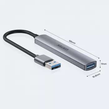 USB-keskitin Unitek H1208A — 4 porttia (1 × USB 3.2 Gen 1 Type-A, 3 × USB 2.0), alumiinikotelo, harmaa, 0,20 m kaapeli