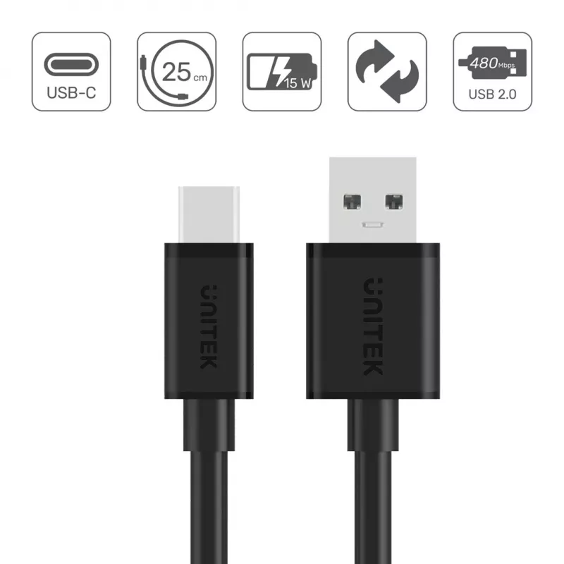 UNITEK USB-KAAPELI USB-A — USB-C 25CM, Y-C480BK