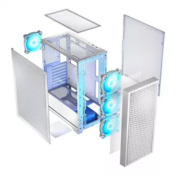 PC-kotelo LOGIC Dart Pro Midi ARGB valkoinen — Midi Tower, ATX, 456×200×385 mm, max. GPU 34 cm, CPU-jäähdyttimen korkeus 155 mm, 3x120 mm edessä + 1x120 mm takana, USB 3.0 x2, USB-C x1
