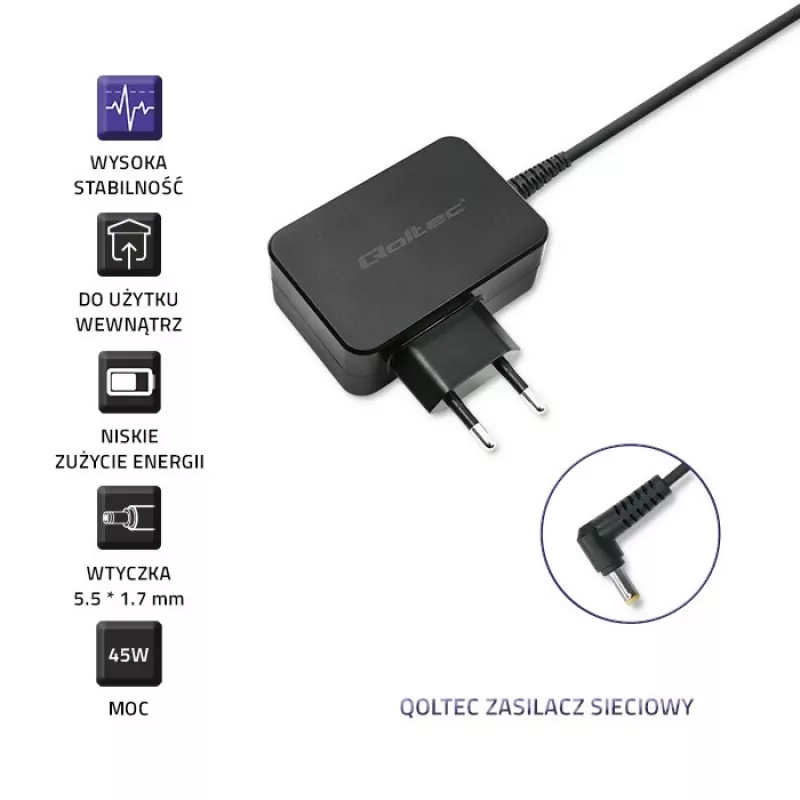 Virtalähde QOLTEC 45W 19V 2,37A 5,5x1,7 mm liittimellä