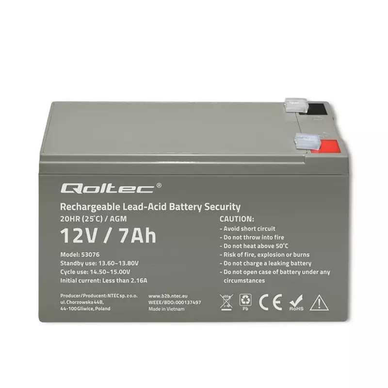Qoltec 53076 AGM-akku | 12V | 7Ah | turvallisuus
