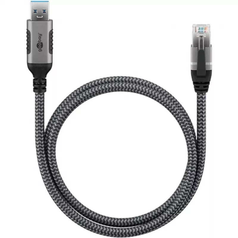 Ethernet-kaapeli USB-A 3.2 Gen1 uros > RJ-45 uros, LAN-sovitin musta/hopea, 2 metriä, punottu tekstiilivaippa