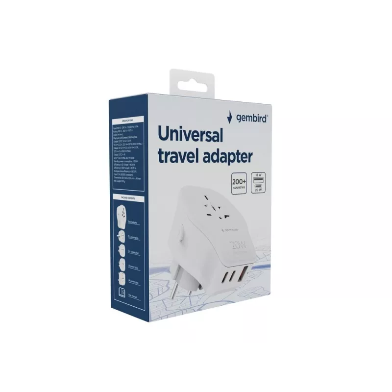 Seinämatka-adapteri GEMBIRD TPA-1A2C20-02-W 20W — 1xUSB-A + 2xUSB-C, Type-G-pistoke, 100–250 V, valkoinen