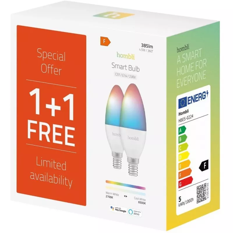 Hombli älylamppu, 4,5W, E14, RGB, CCT, 1+1 tarjouspakkaus