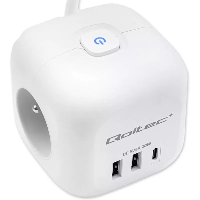 Power Cube QOLTEC 52547 jakotukki 3×AC-pistorasia, 2×USB-A, 1×USB-C PD 20W