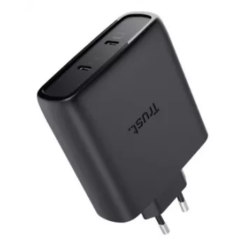 TRUST Maxo 100W 2-porttinen USB-C GaN laturi — 100 W, 2× USB-C, max. 20 V, 2 m kaapeli, musta