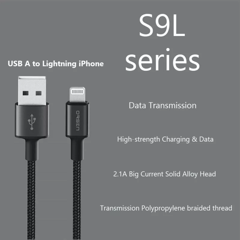 USB-A–Lightning-kaapeli Orsen S9L 1 m 2,1A — musta