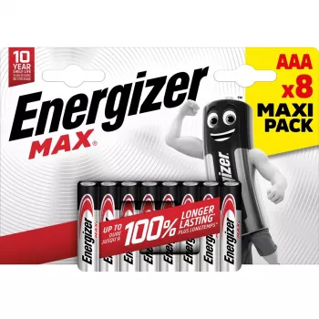 Kertakäyttöparisto Energizer MAX AAA alkaline 1,5 V – 8 kpl:n pakkaus, sylinterimäinen, 10 vuoden säilyvyys
