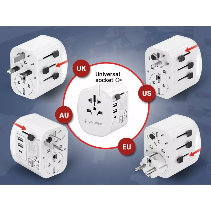 Matka-adapteri GEMBIRD TPA-EU2A1C15-01-W – 15W, Type-E-pistoke, 2× USB-A + 1× USB-C, 100–250V