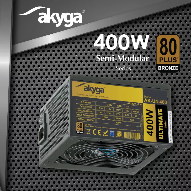 Akyga AK-U4-400 Ultimate 400 W ATX-virtalähde, 80 PLUS Bronze, aktiivinen PFC, 120 mm tuuletin