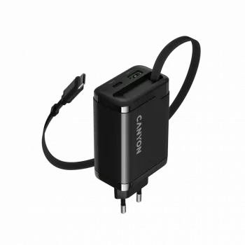 Laturi CANYON OnCharge 65RC integroidulla USB-C-kaapelilla, 65 W, 1x PD, 1x QC, EU-pistoke, musta