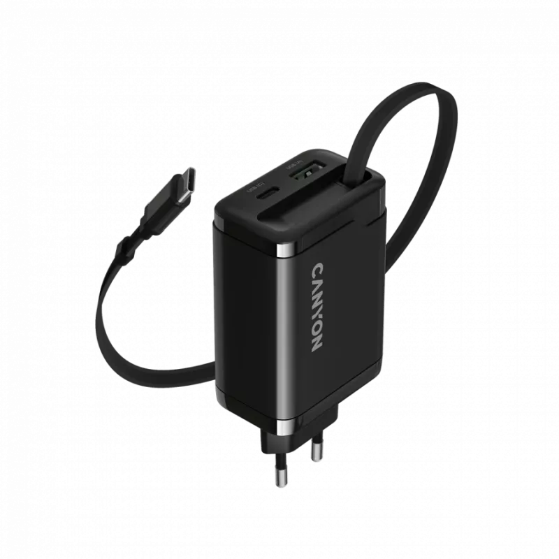 Laturi CANYON OnCharge 65RC integroidulla USB-C-kaapelilla, 65 W, 1x PD, 1x QC, EU-pistoke, musta