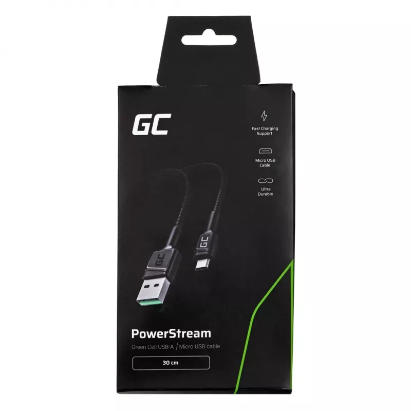 USB 2.0 -kaapeli Green Cell KABGC23, USB A - Micro-USB B, 0,3 m, musta